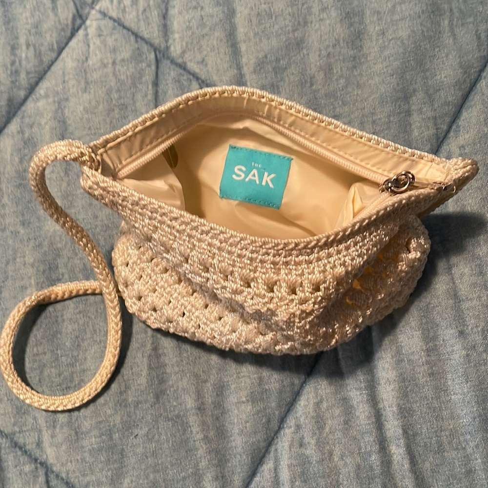 The Sak sparkly creamy white crochet evening bag